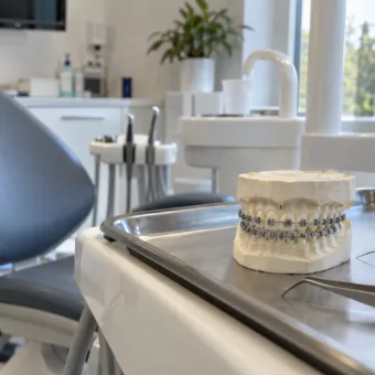 Pusty fotel dentystyczny i model szczęki z aparatem ortodontycznym w gabinecie stomatologicznym