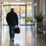 Pacjent z torbą idzie pustym korytarzem szpitala w stronę wyjścia - wizualizacja
