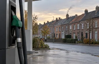 Stacja paliw z dystrybutorem na tle belgijskich domów szeregowych z kominami