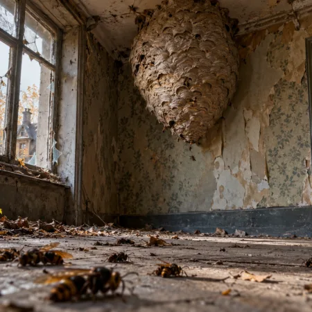Gigantyczne gniazdo szerszeni azjatyckich w opuszczonym domu w Ieper – około 4 000 owadów, specjalista ostrzega: nawet jedno użądlenie może być groźne