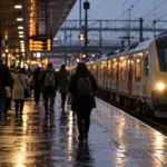 Wieczorny szczyt na peronie dworca kolejowego, podróżni czekają na pociąg