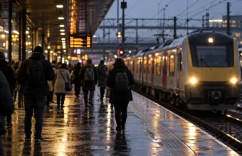 Wieczorny szczyt na peronie dworca kolejowego, podróżni czekają na pociąg