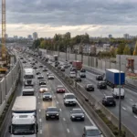 Obwodnica Ring w Antwerpii z ruchem samochodów i placami budowy po obu stronach