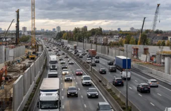 Obwodnica Ring w Antwerpii z ruchem samochodów i placami budowy po obu stronach