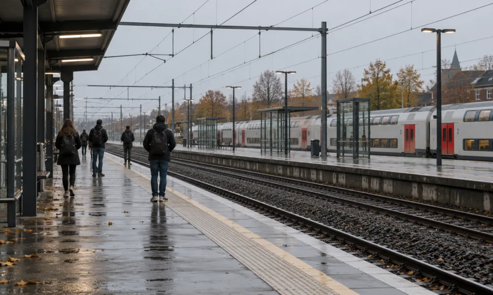 Peron belgijskiego dworca kolejowego w deszczowy jesienny poranek, podróżni widziani z tyłu i piętrowy pociąg przy dalszym peronie