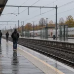 Peron belgijskiego dworca kolejowego w deszczowy jesienny poranek, podróżni widziani z tyłu i piętrowy pociąg przy dalszym peronie