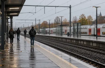 Peron belgijskiego dworca kolejowego w deszczowy jesienny poranek, podróżni widziani z tyłu i piętrowy pociąg przy dalszym peronie