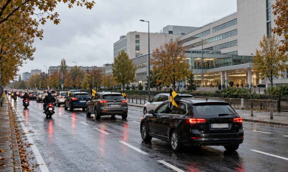 Karawana aut Flamandzkiego Ruchu Ludowego pod trzema szpitalami w Brukseli – VVB zebrał setki skarg na brak opieki po niderlandzku, czarna księga 25 listopada