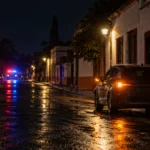 Nocna ulica w meksykańskim miasteczku, samochód na poboczu i światła pojazdu ratunkowego w oddali