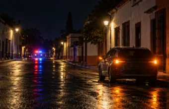 Nocna ulica w meksykańskim miasteczku, samochód na poboczu i światła pojazdu ratunkowego w oddali