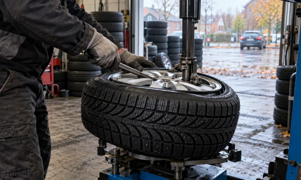 Mechanik zakłada oponę zimową na felgę w warsztacie wulkanizacyjnym