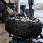 Mechanik zakłada oponę zimową na felgę w warsztacie wulkanizacyjnym