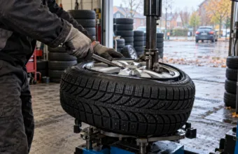 Mechanik zakłada oponę zimową na felgę w warsztacie wulkanizacyjnym