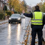 Policjant w kamizelce odblaskowej zatrzymuje samochód podczas kontroli drogowej pod Brukselą