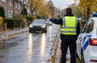 Policjant w kamizelce odblaskowej zatrzymuje samochód podczas kontroli drogowej pod Brukselą