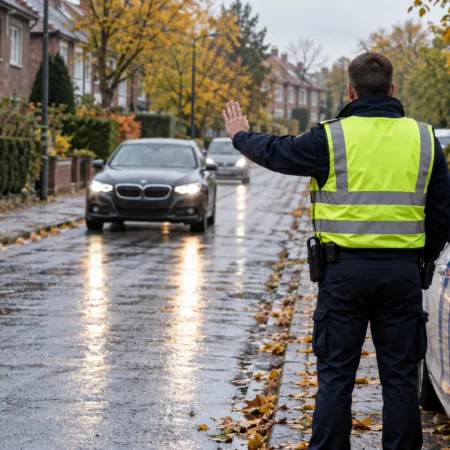 Policjant w kamizelce odblaskowej zatrzymuje samochód podczas kontroli drogowej pod Brukselą