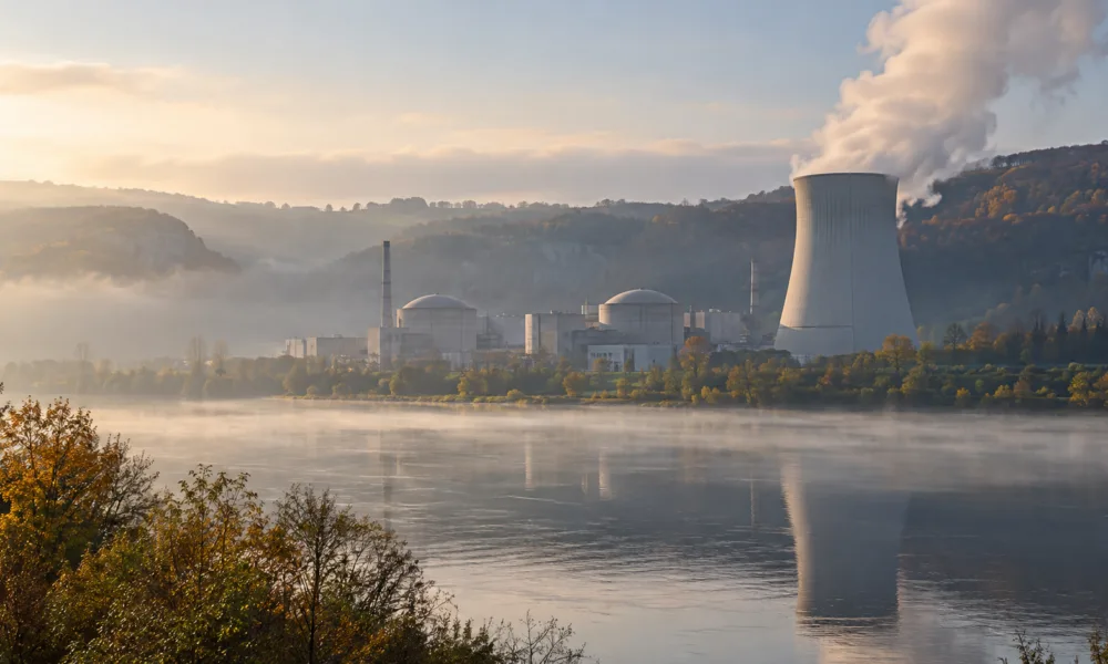 Elektrownia jądrowa nad rzeką w dolinie Mozy, para nad chłodnią kominową