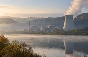 Elektrownia jądrowa nad rzeką w dolinie Mozy, para nad chłodnią kominową