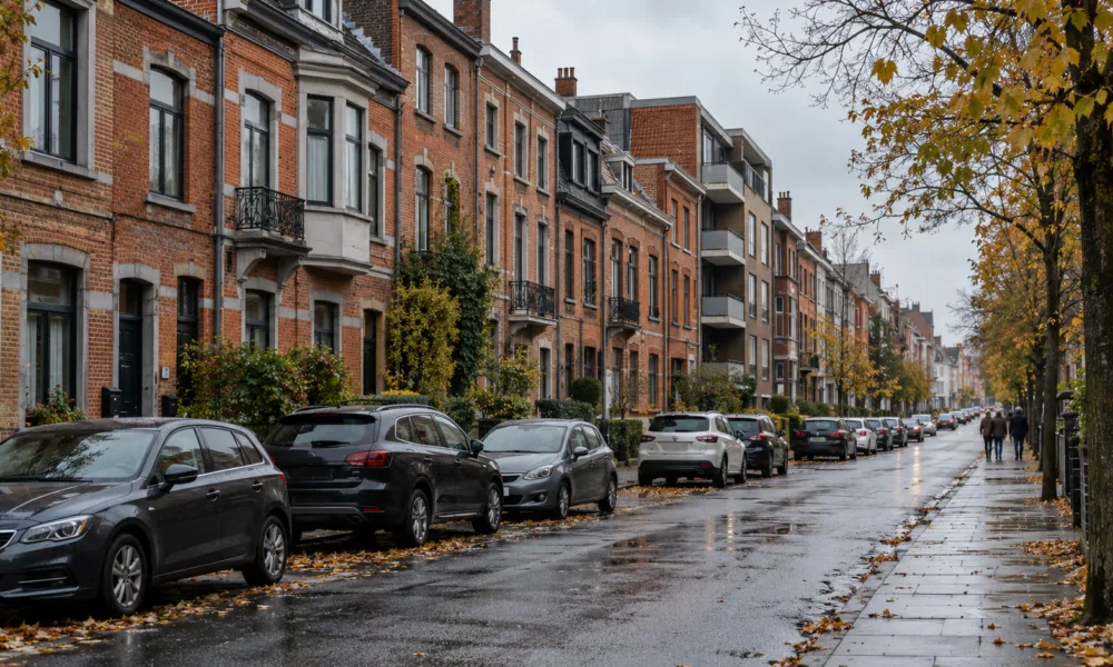 Rząd ceglanych kamienic i małych bloków mieszkalnych przy mokrej ulicy w Belgii jesienią
