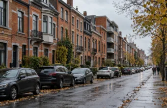 Rząd ceglanych kamienic i małych bloków mieszkalnych przy mokrej ulicy w Belgii jesienią