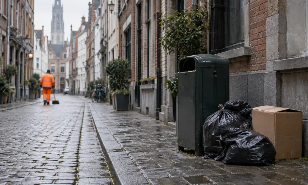 Worki ze śmieciami i karton zostawione przy koszu na wąskiej brukowanej uliczce w Antwerpii, w tle sprzątacz miejski