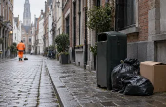 Worki ze śmieciami i karton zostawione przy koszu na wąskiej brukowanej uliczce w Antwerpii, w tle sprzątacz miejski