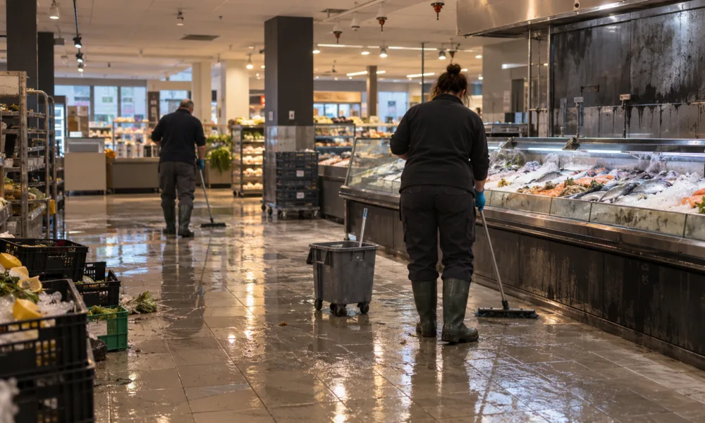 Pracownicy supermarketu sprzątają mokrą posadzkę przy stoisku rybnym po pożarze
