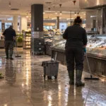 Pracownicy supermarketu sprzątają mokrą posadzkę przy stoisku rybnym po pożarze