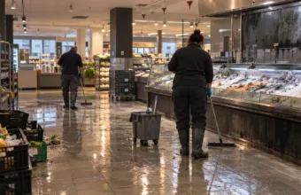 Pracownicy supermarketu sprzątają mokrą posadzkę przy stoisku rybnym po pożarze