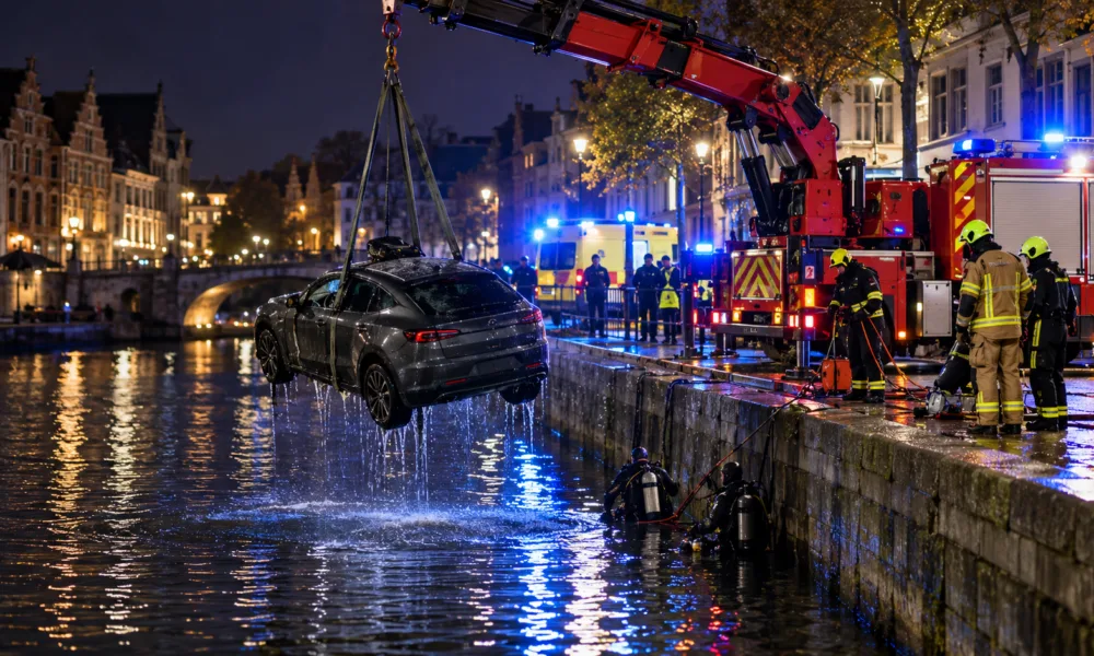 Pijany kierowca wjechał teslą do Leie w Gandawie – 28-latek sam wydostał się z wody