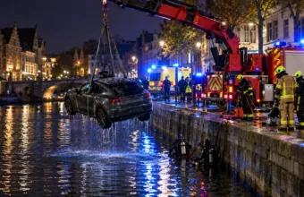 Pijany kierowca wjechał teslą do Leie w Gandawie – 28-latek sam wydostał się z wody