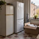 Kuchnia w starszym mieszkaniu, nowa lodówka w folii obok starej