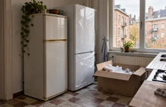 Kuchnia w starszym mieszkaniu, nowa lodówka w folii obok starej