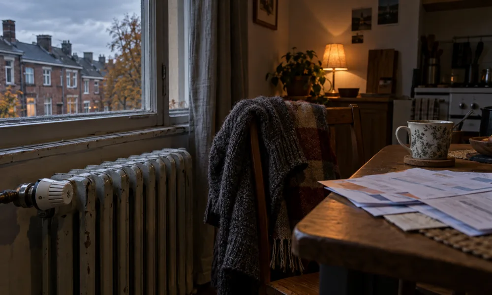 Zimny kaloryfer i rachunki za energię na stole w skromnym mieszkaniu