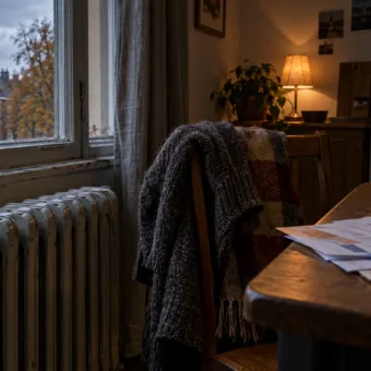 Zimny kaloryfer i rachunki za energię na stole w skromnym mieszkaniu