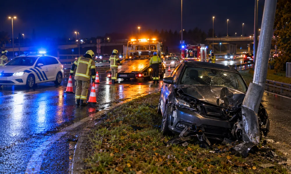 Samochód ściął latarnię przy zjeździe z autostrady w Courcelles – ranny kierowca uciekł pieszo