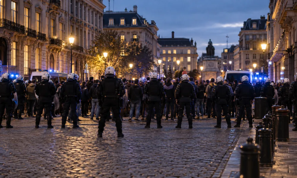 Kordon policji na brukowanej ulicy w centrum Brukseli o zmierzchu