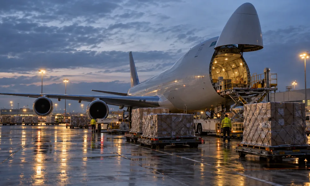 Samolot cargo z otwartą klapą ładunkową i palety z paczkami na płycie lotniska towarowego