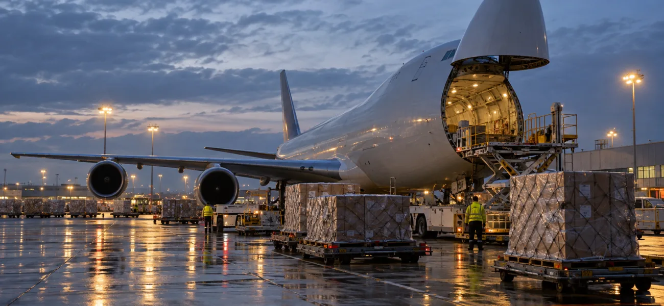 Samolot cargo z otwartą klapą ładunkową i palety z paczkami na płycie lotniska towarowego