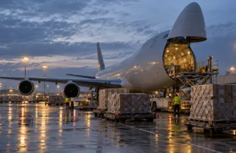 Samolot cargo z otwartą klapą ładunkową i palety z paczkami na płycie lotniska towarowego