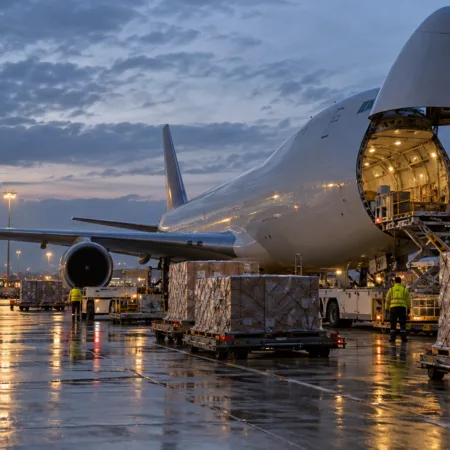 Samolot cargo z otwartą klapą ładunkową i palety z paczkami na płycie lotniska towarowego