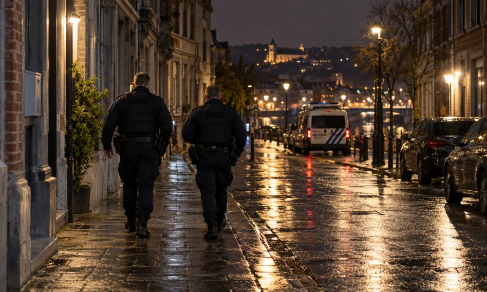 Dwóch policjantów idzie wieczorem mokrą ulicą w Liège w stronę radiowozu
