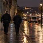 Dwóch policjantów idzie wieczorem mokrą ulicą w Liège w stronę radiowozu