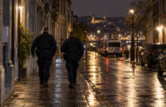 Dwóch policjantów idzie wieczorem mokrą ulicą w Liège w stronę radiowozu