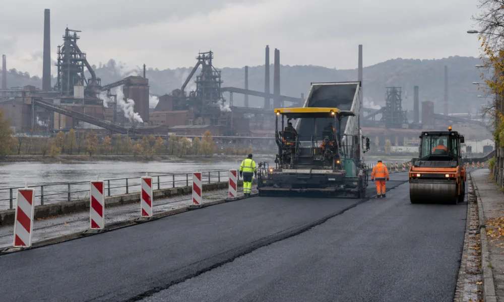Remont nawierzchni drogi nad Mozą: rozściełacz asfaltu, walec i biało-czerwone zapory, w tle zakłady hutnicze