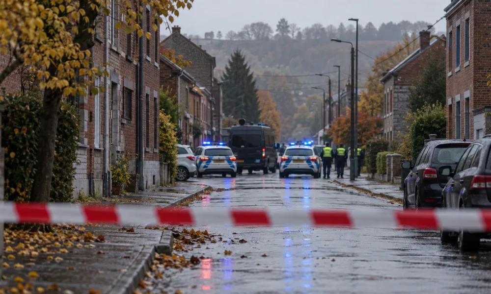 Ulica z ceglanymi domami odgrodzona taśmą, w oddali radiowozy policji