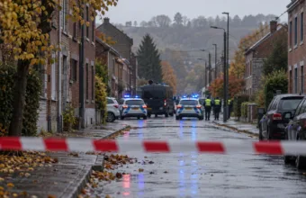 Ulica z ceglanymi domami odgrodzona taśmą, w oddali radiowozy policji