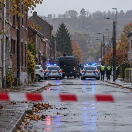 Ulica z ceglanymi domami odgrodzona taśmą, w oddali radiowozy policji