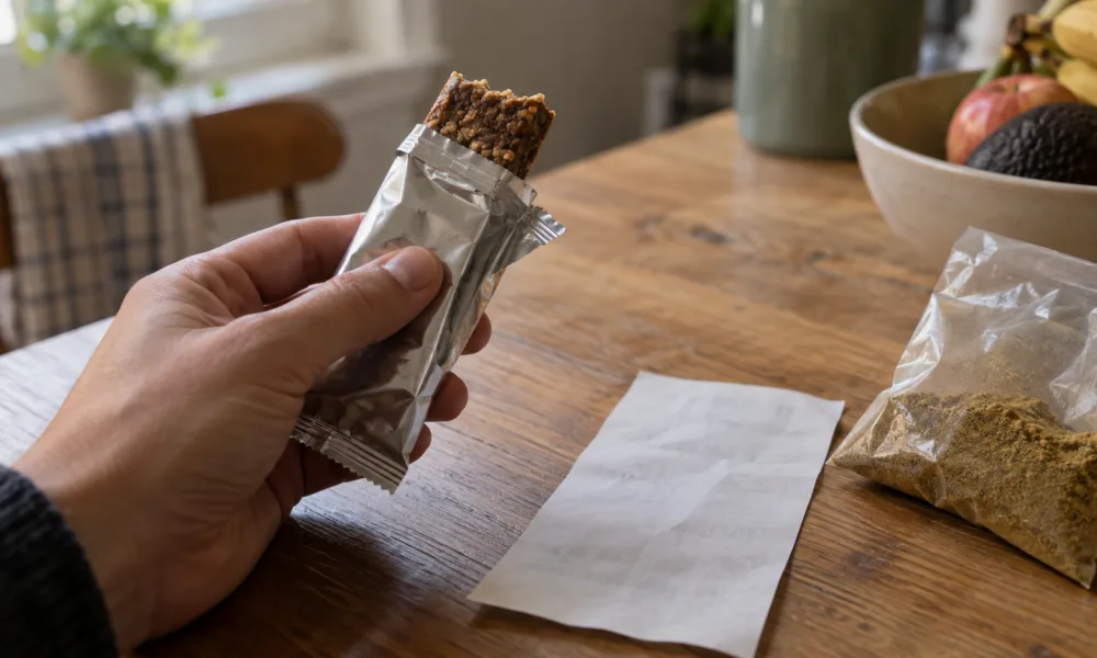 Batonik proteinowy i torebka mielonego kminu na kuchennym stole