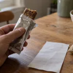 Batonik proteinowy i torebka mielonego kminu na kuchennym stole